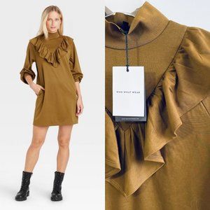 Who What Wear Medium Women's Long Sleeve Knit Ruffle Sheath Brown Mini Dress New